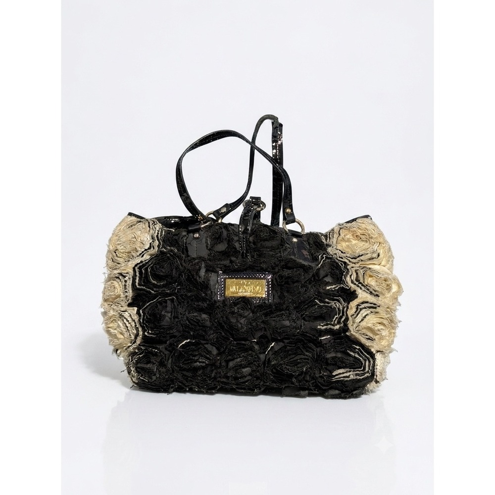 Valentino Patent Leather Silk Organza Rosier Tote Bag Black Cream